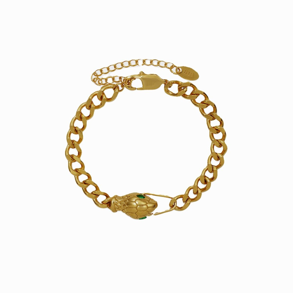 Image of the Snake Bracelet – a bold 18K gold stainless steel bracelet with a sleek serpent design, perfect for edgy and empowered looks.

